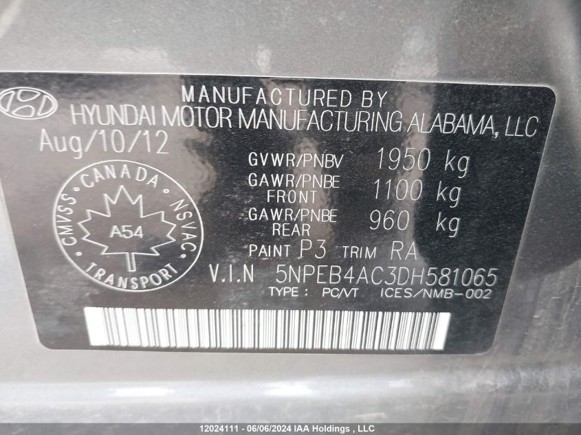 2013 Hyundai Sonata Gls VIN: 5NPEB4AC3DH581065 Lot: 12024111