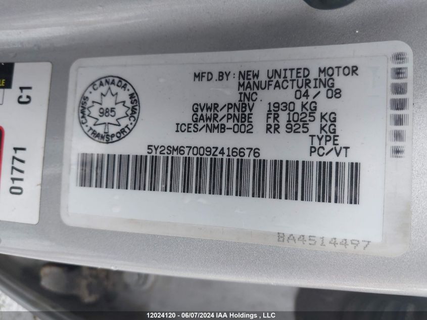 2009 Pontiac Vibe VIN: 5Y2SM67009Z416676 Lot: 12024120