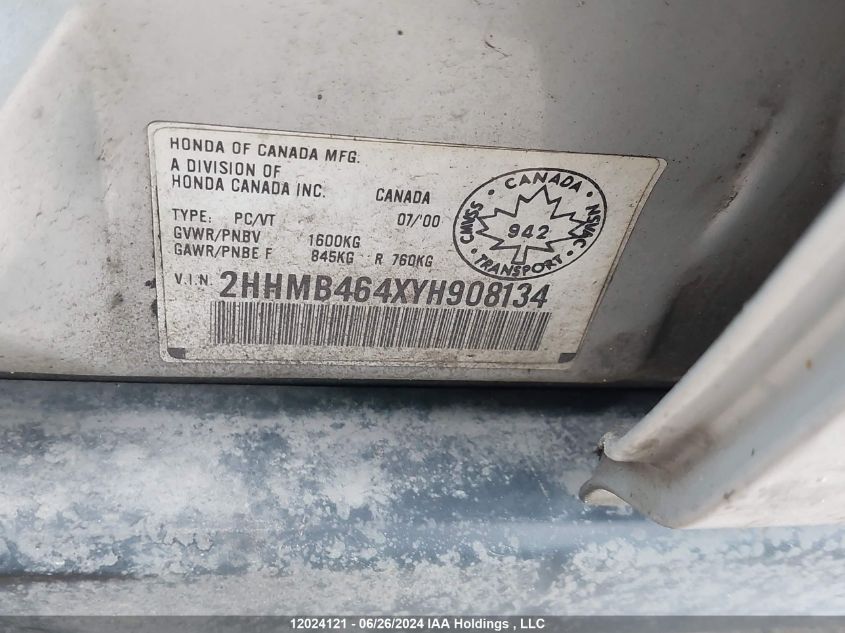 2000 Acura El VIN: 2HHMB464XYH908134 Lot: 12024121