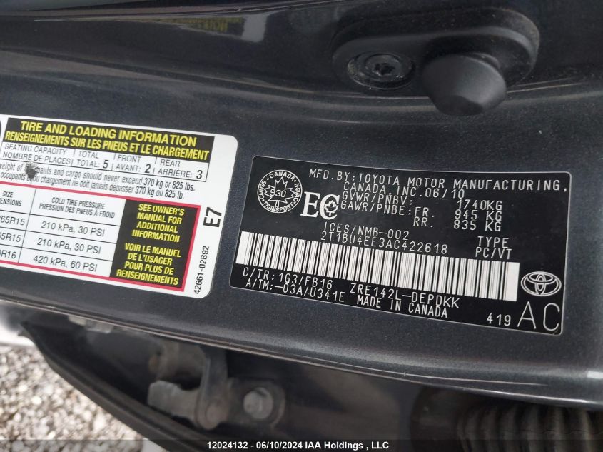 2010 Toyota Corolla S/Le/Xle VIN: 2T1BU4EE3AC422618 Lot: 12024132