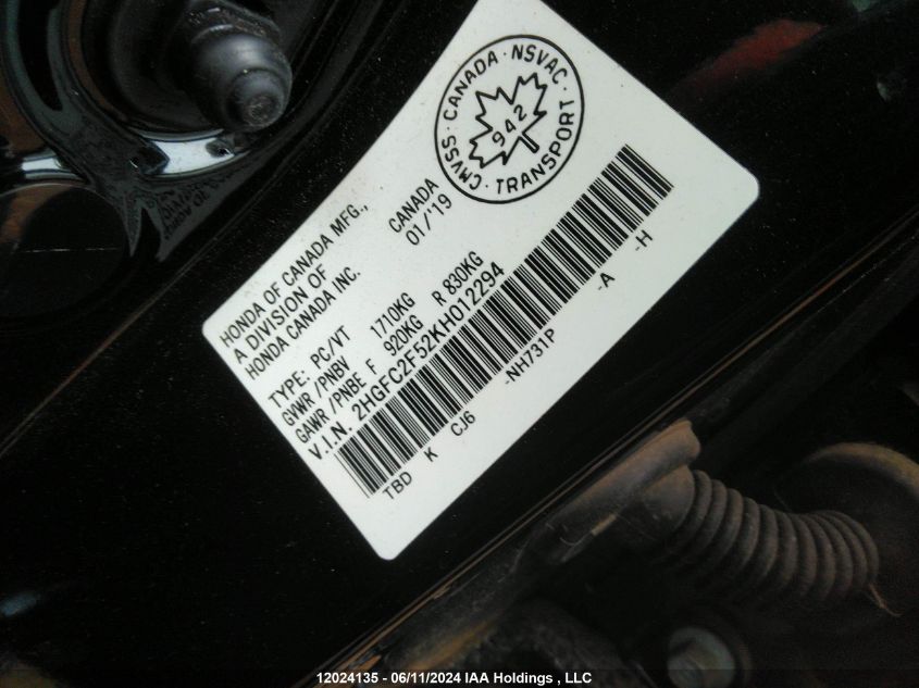 2019 Honda Civic Sedan VIN: 2HGFC2F52KH012294 Lot: 12024135