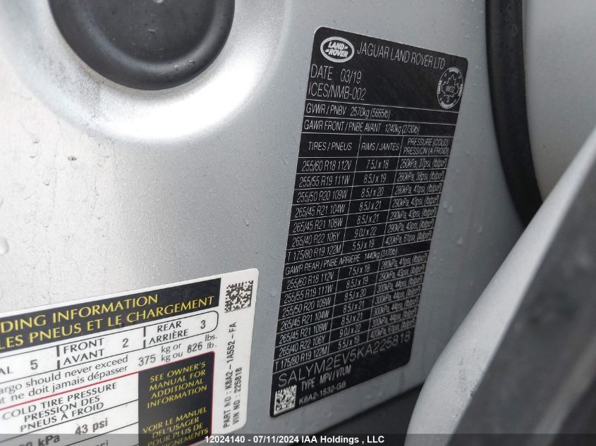 2019 Land Rover Range Rover Velar VIN: SALYM2EV5KA225818 Lot: 12024140