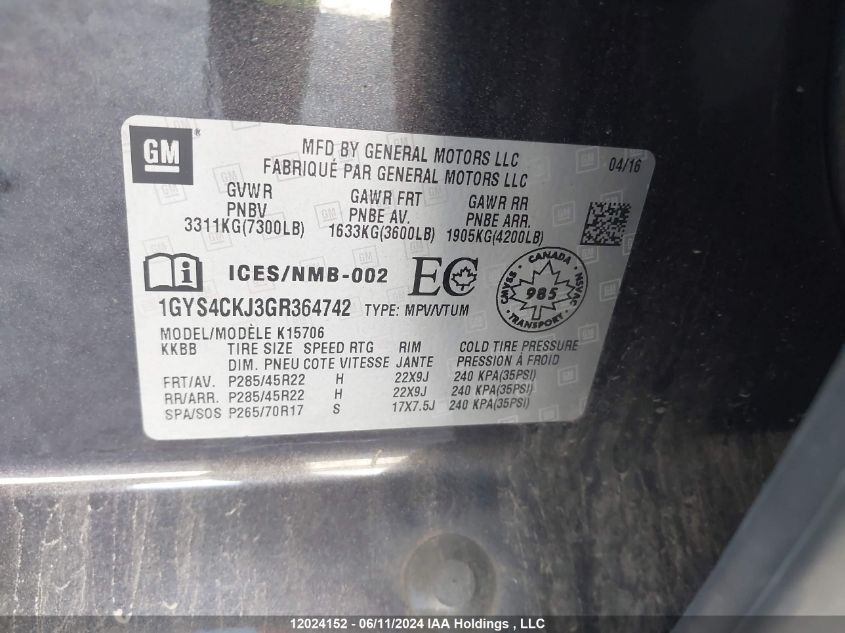 2016 Cadillac Escalade VIN: 1GYS4CKJ3GR364742 Lot: 12024152
