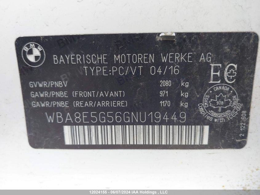 2016 BMW 320I xDrive VIN: WBA8E5G56GNU19449 Lot: 12024155