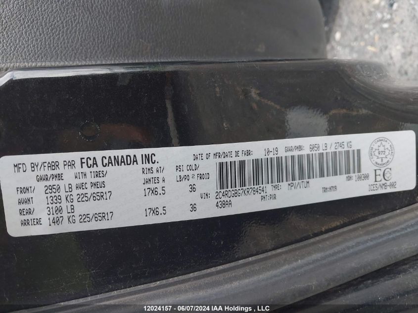 2019 Dodge Grand Caravan Se VIN: 2C4RDGBG7KR784541 Lot: 12024157