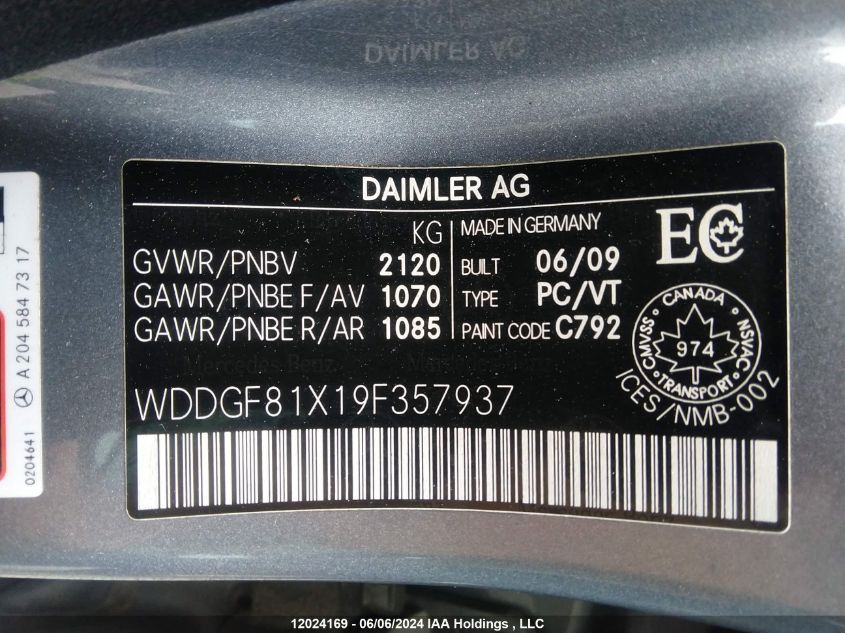 2009 Mercedes-Benz C 300 4Matic VIN: WDDGF81X19F357937 Lot: 12024169