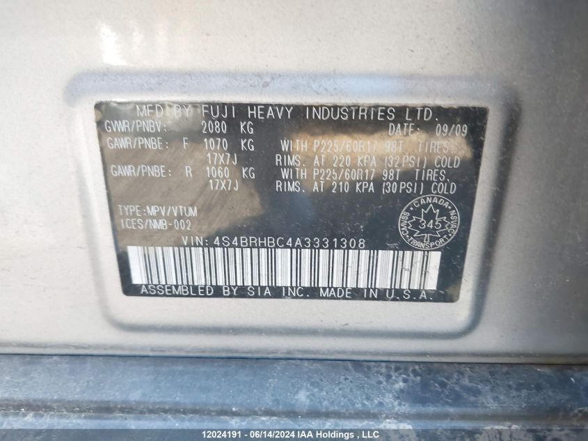 2010 Subaru Outback 2.5I Premium VIN: 4S4BRHBC4A3331308 Lot: 12024191