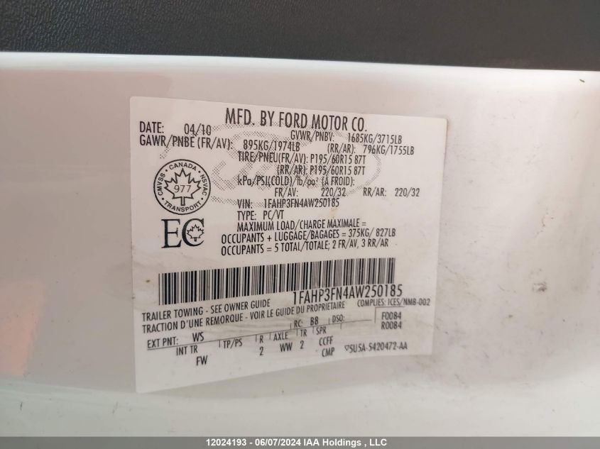 2010 Ford Focus VIN: 1FAHP3FN4AW250185 Lot: 12024193