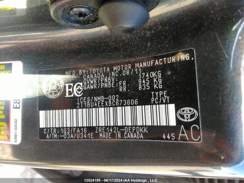 2011 Toyota Corolla S/Le VIN: 2T1BU4EEXBC673606 Lot: 12024195