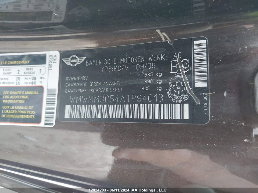 2010 Mini Cooper Clubman VIN: WMWMM3C54ATP94013 Lot: 12024203