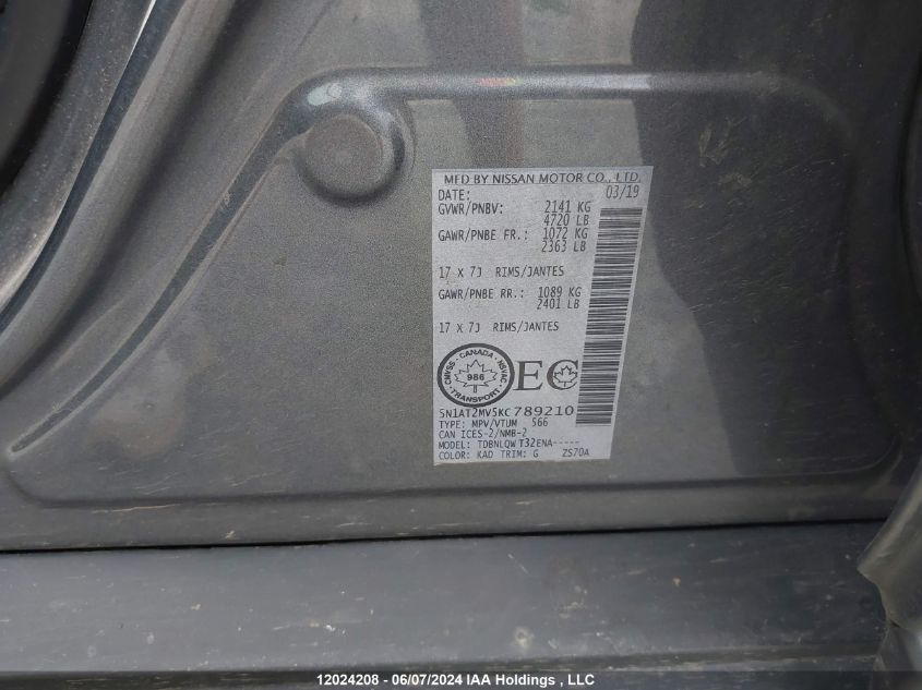 2019 Nissan Rogue VIN: 5N1AT2MV5KC789210 Lot: 12024208