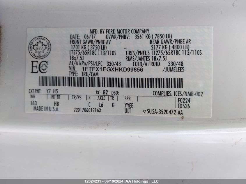 2017 Ford F150 Super Cab VIN: 1FTFX1EGXHKD99856 Lot: 12024231