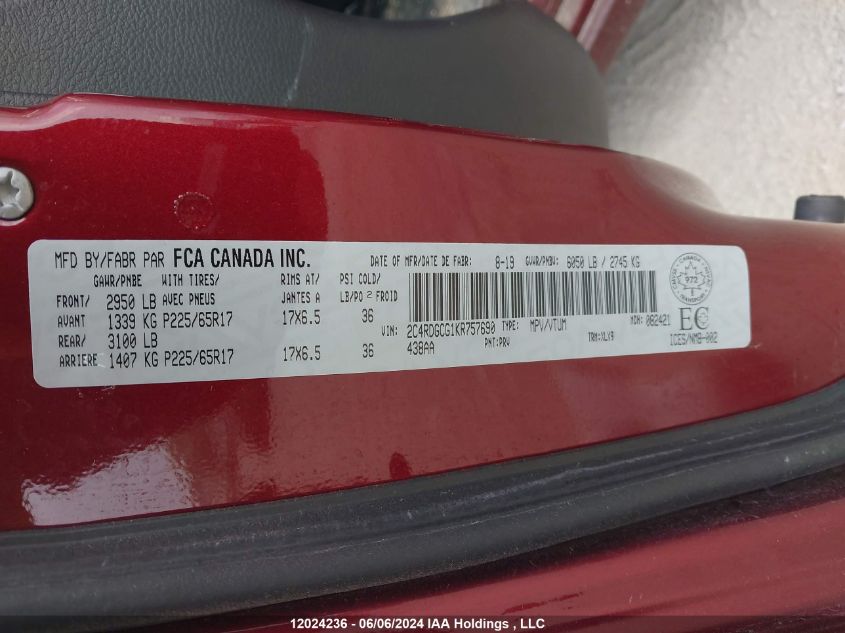 2019 Dodge Grand Caravan Sxt VIN: 2C4RDGCG1KR757690 Lot: 12024236