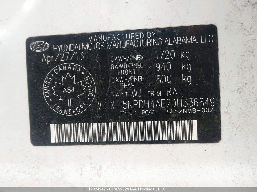 2013 Hyundai Elantra Gls/Limited VIN: 5NPDH4AE2DH336849 Lot: 12024247