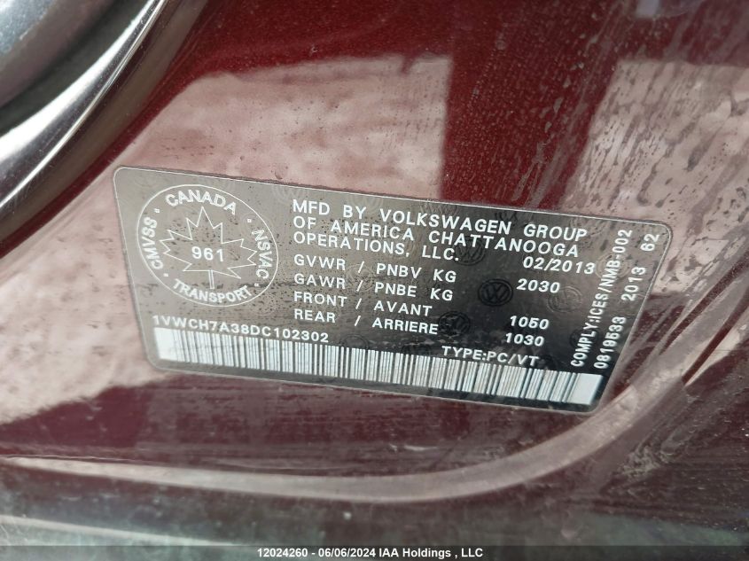 2013 Volkswagen Passat VIN: 1VWCH7A38DC102302 Lot: 12024260