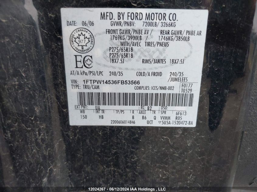 2006 Ford F150 Supercrew VIN: 1FTPW14536FB53566 Lot: 12024267