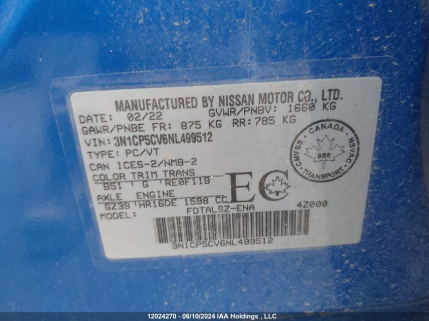 2022 Nissan Kicks VIN: 3N1CP5CV6NL499512 Lot: 12024270