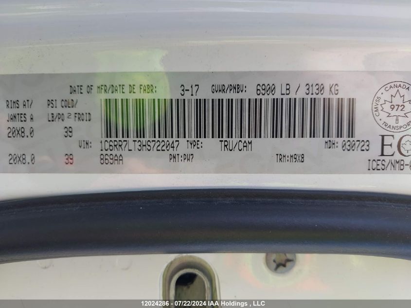 2017 Ram 1500 Slt VIN: 1C6RR7LT3HS722047 Lot: 12024286