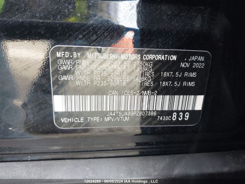 2023 Mitsubishi Outlander Se/Se Technology/Ralliart VIN: JA4T5UA99PZ607386 Lot: 12024288