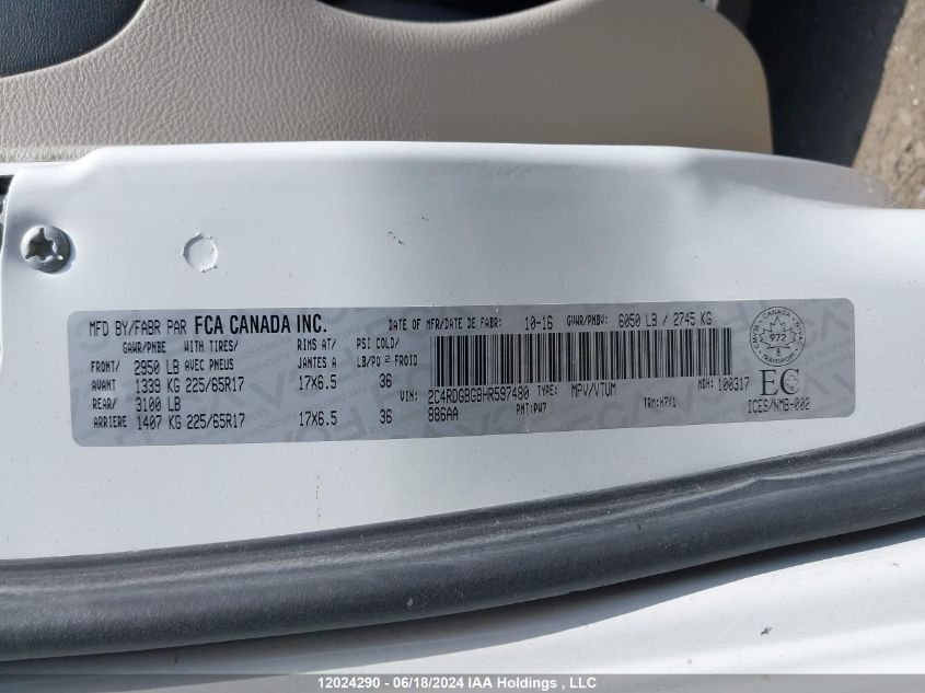 2017 Dodge Grand Caravan Cvp/Sxt VIN: 2C4RDGBG8HR597480 Lot: 12024290