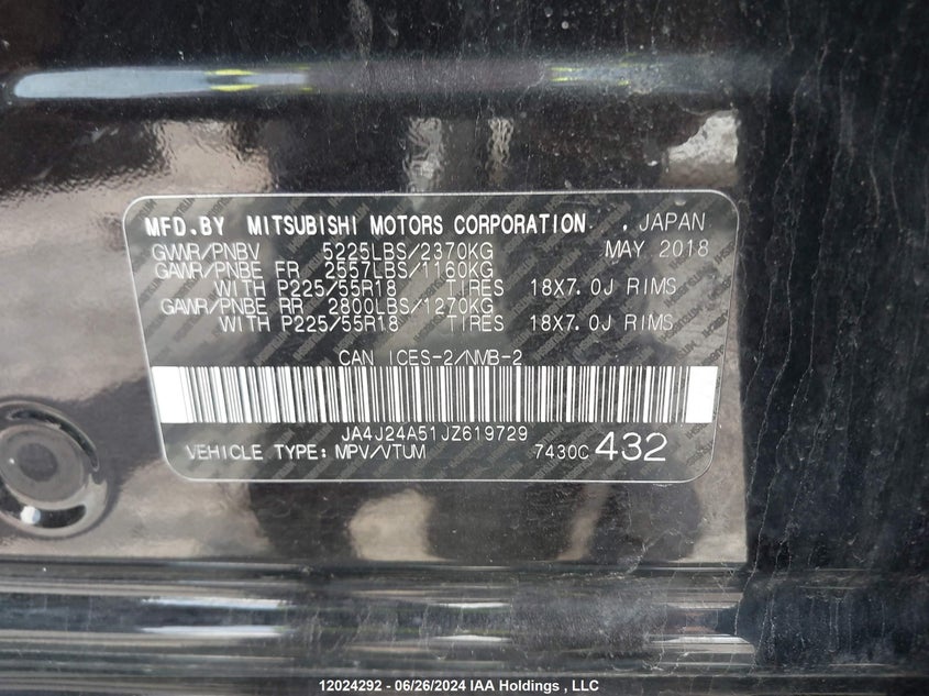 2018 Mitsubishi Outlander Se/Gt VIN: JA4J24A51JZ619729 Lot: 12024292