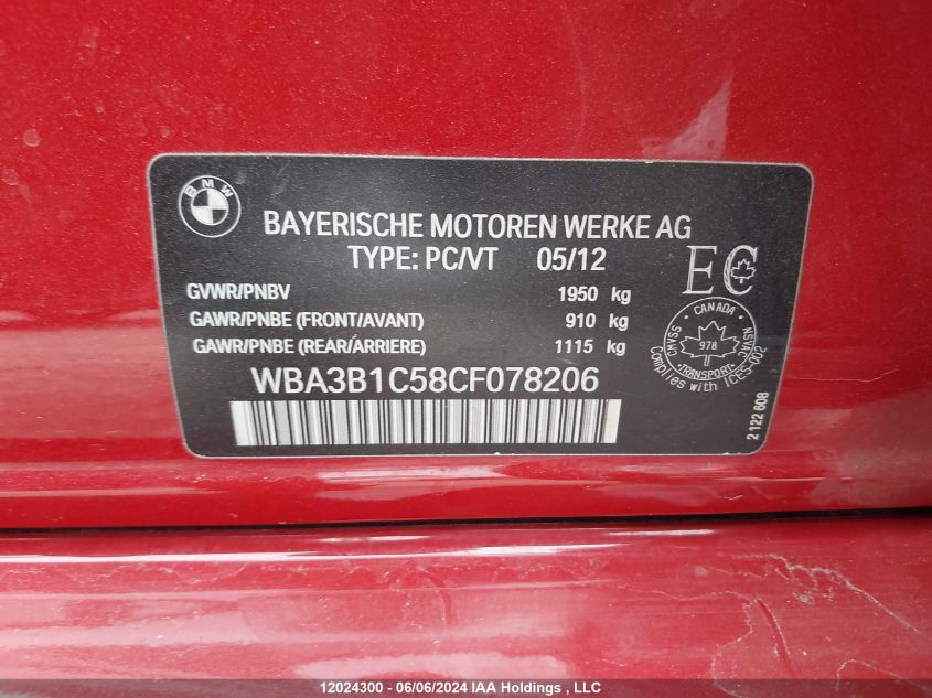 2012 BMW 320 I VIN: WBA3B1C58CF078206 Lot: 12024300