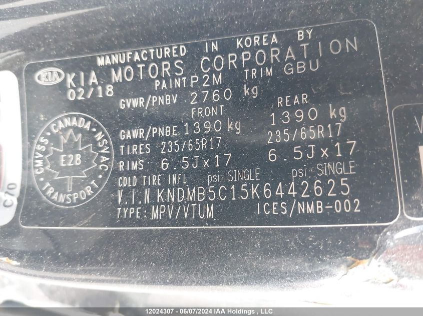 2019 Kia Sedona VIN: KNDMB5C15K6442625 Lot: 12024307