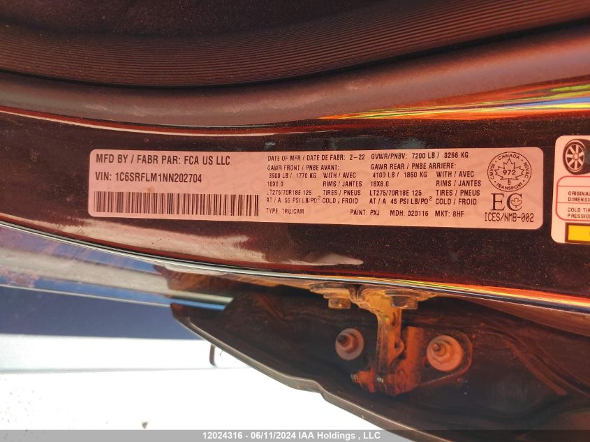 2022 Ram 1500 Rebel VIN: 1C6SRFLM1NN202704 Lot: 12024316