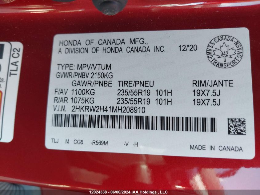 2021 Honda Cr-V VIN: 2HKRW2H41MH208910 Lot: 12024338