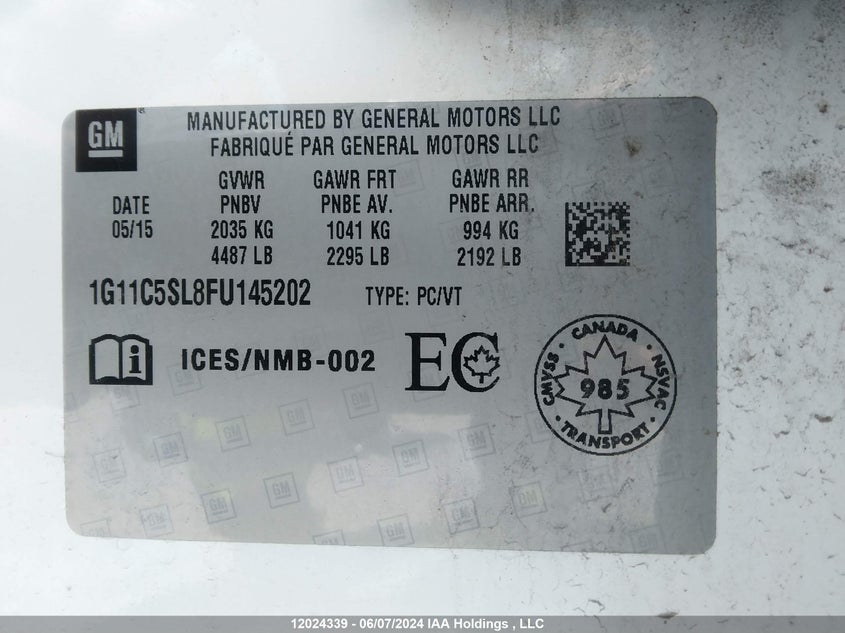 2015 Chevrolet Malibu 1Lt VIN: 1G11C5SL8FU145202 Lot: 12024339