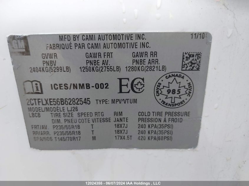 2011 GMC Terrain Awd VIN: 2CTFLXE56B6282545 Lot: 12024355