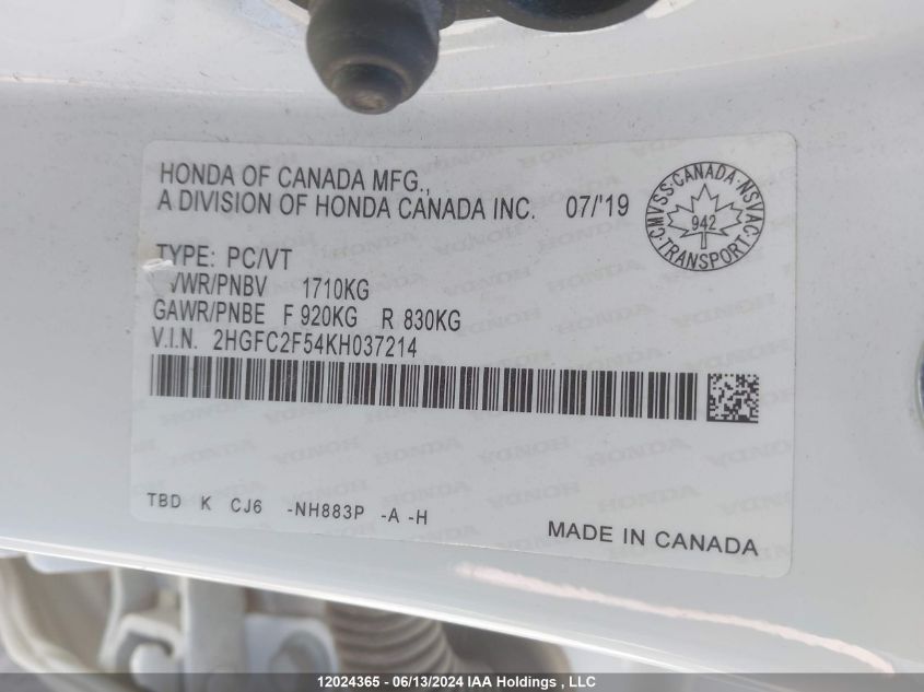 2019 Honda Civic Lx VIN: 2HGFC2F54KH037214 Lot: 12024365