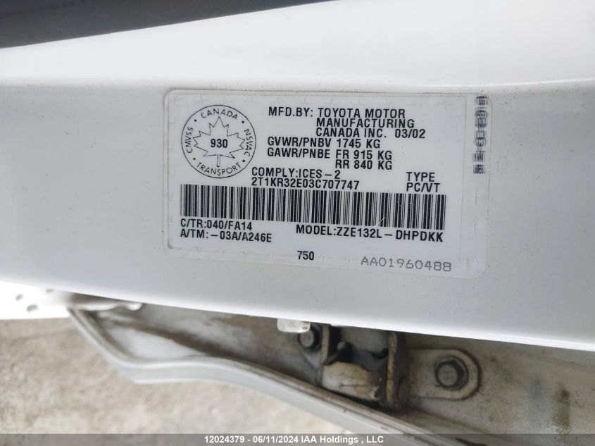 2003 Toyota Corolla Matrix Xr VIN: 2T1KR32E03C707747 Lot: 12024379