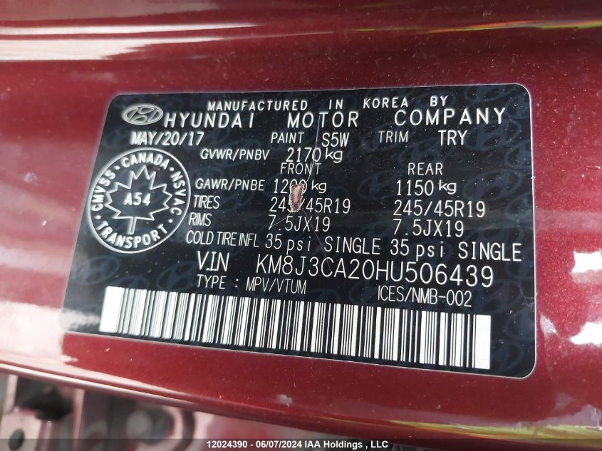 2017 Hyundai Tucson Limited/Sport And Eco/Se VIN: KM8J3CA20HU506439 Lot: 12024390