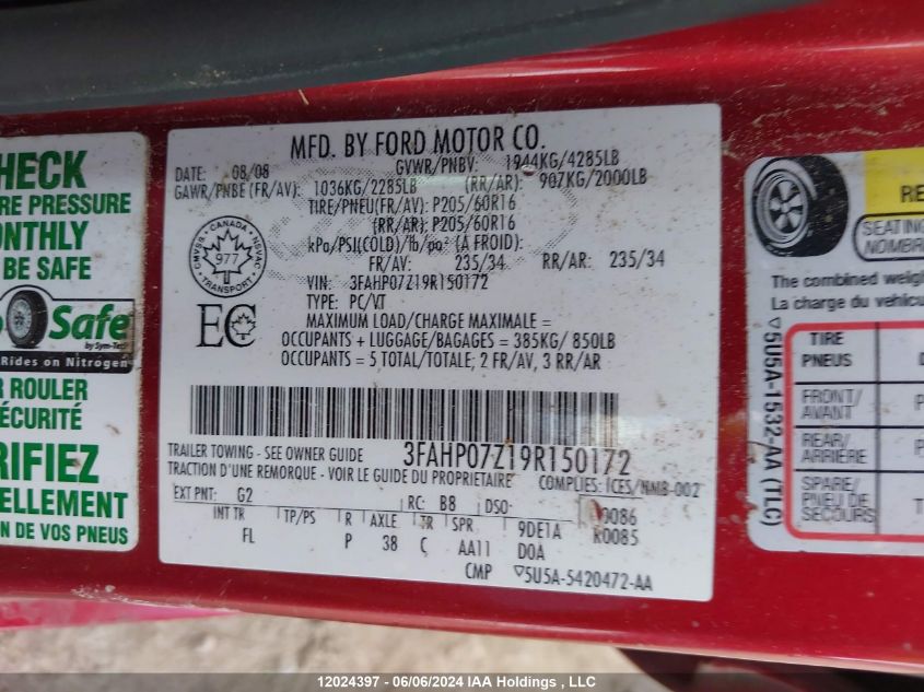 2009 Ford Fusion VIN: 3FAHP07Z19R150172 Lot: 12024397
