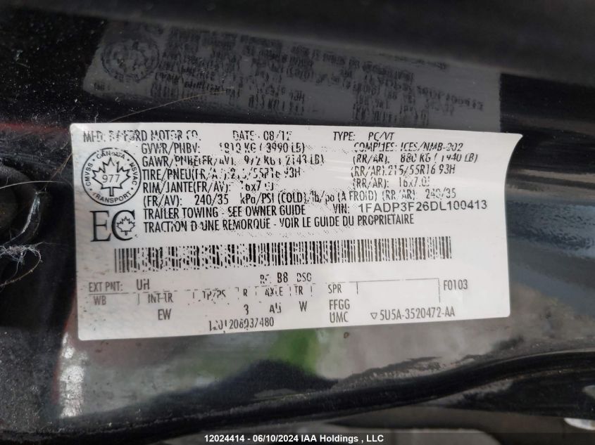 2013 Ford Focus Se VIN: 1FADP3F26DL100413 Lot: 12024414