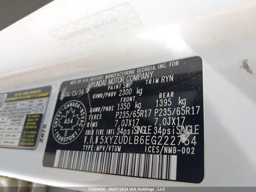 2014 Hyundai Santa Fe Sport VIN: 5XYZUDLB6EG222754 Lot: 12024426