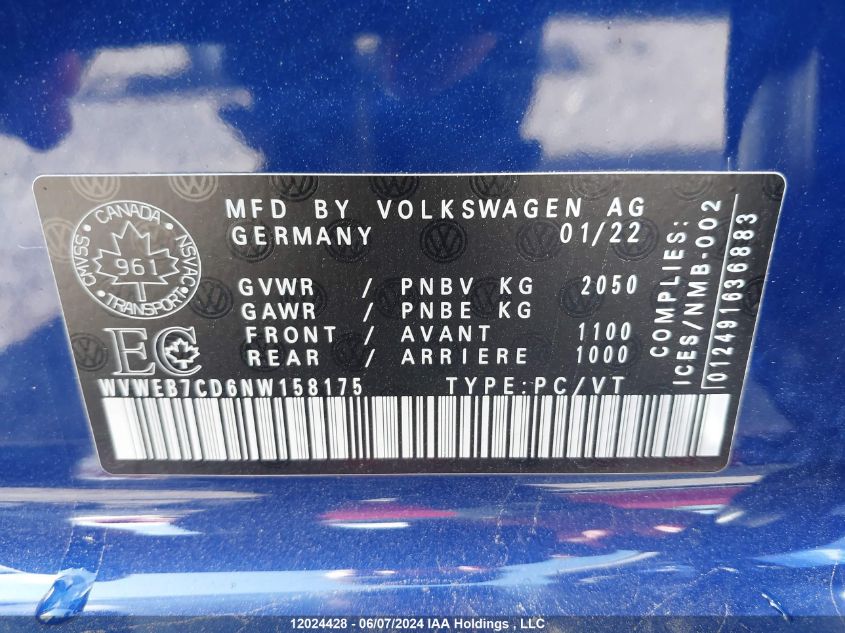 2022 Volkswagen Golf R VIN: WVWEB7CD6NW158175 Lot: 12024428
