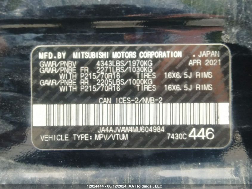 2021 Mitsubishi Rvr Se/Sel/Le/Gt VIN: JA4AJVAW4VU604984 Lot: 12024444