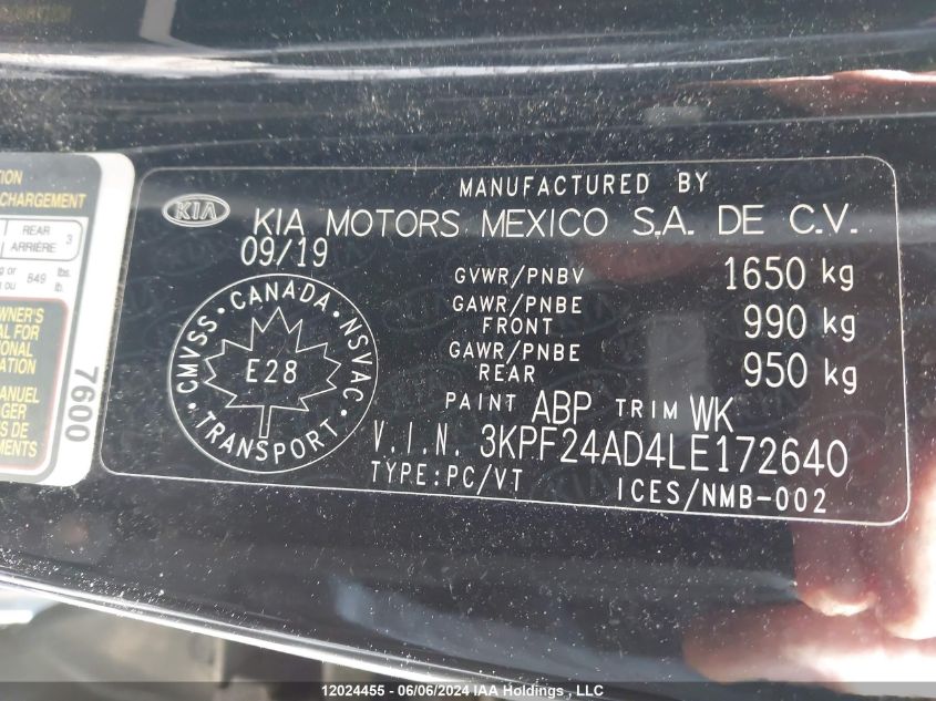 2020 Kia Forte Fe/Lxs VIN: 3KPF24AD4LE172640 Lot: 12024455