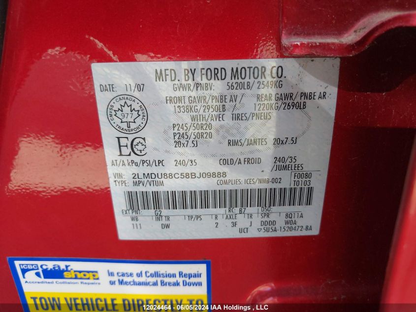 2008 Lincoln Mkx VIN: 2LMDU88C58BJ09888 Lot: 12024464
