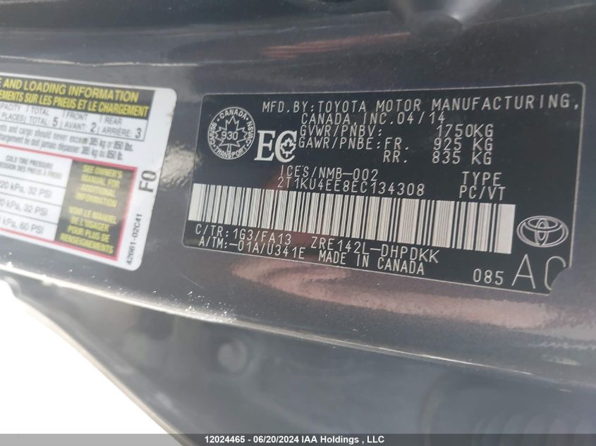 2014 Toyota Matrix Wagon VIN: 2T1KU4EE8EC134308 Lot: 12024465