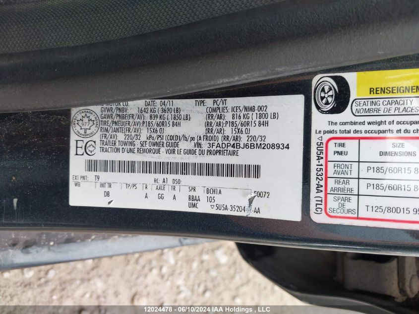 2011 Ford Fiesta Se VIN: 3FADP4BJ6BM208934 Lot: 12024478