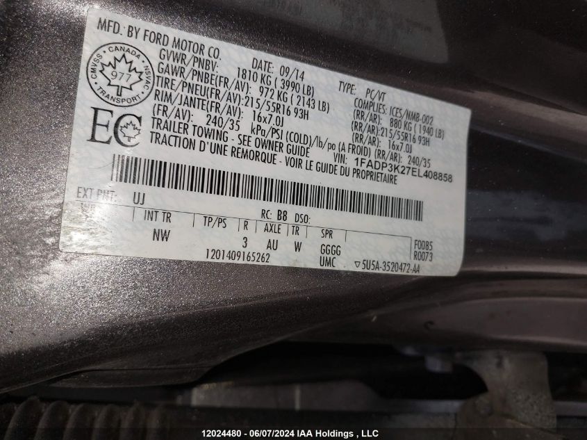 2014 Ford Focus VIN: 1FADP3K27EL408858 Lot: 12024480