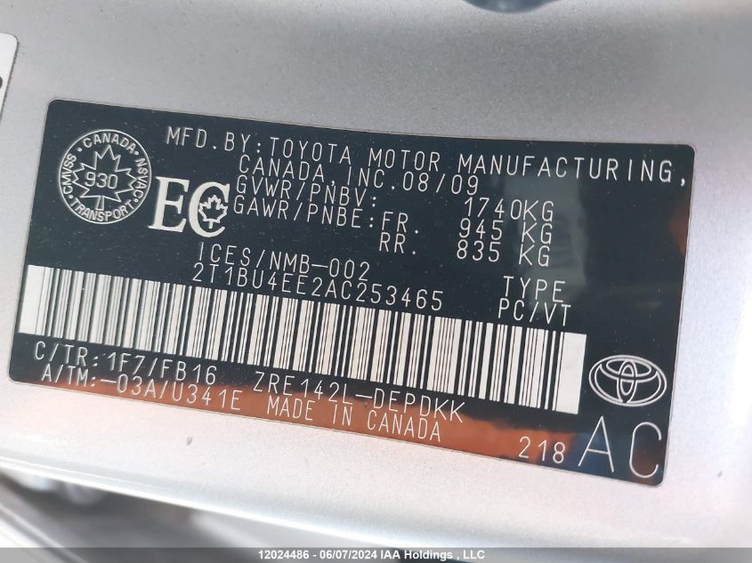 2010 Toyota Corolla S/Le/Xle VIN: 2T1BU4EE2AC253465 Lot: 12024486