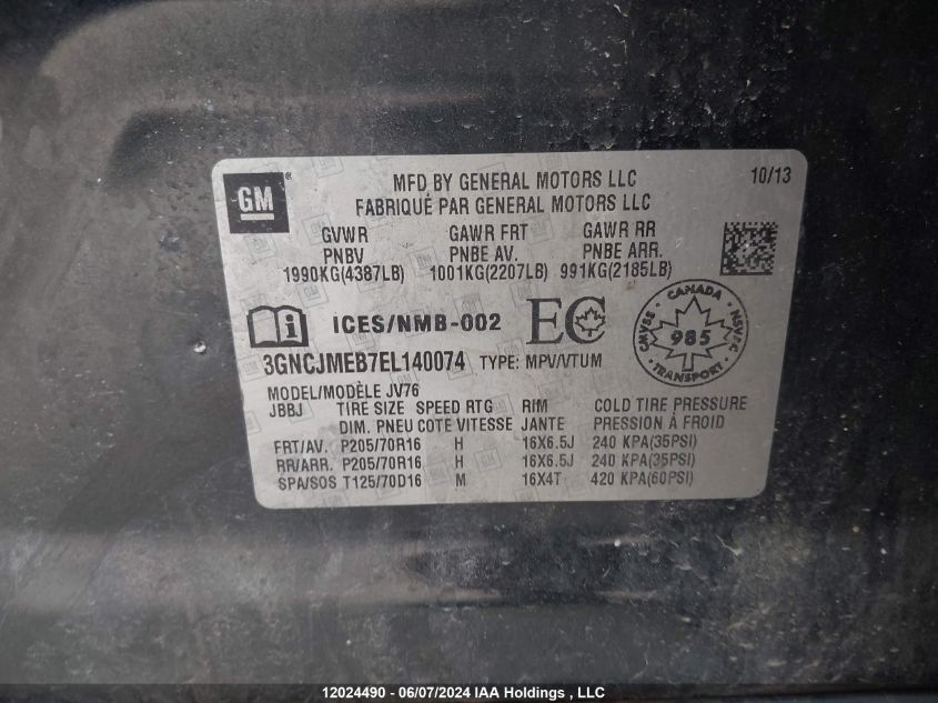 2014 Chevrolet Trax VIN: 3GNCJMEB7EL140074 Lot: 12024490