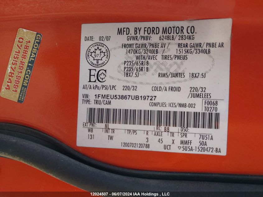 2007 Ford Explorer Sport Trac VIN: 1FMEU53867UB19727 Lot: 12024507