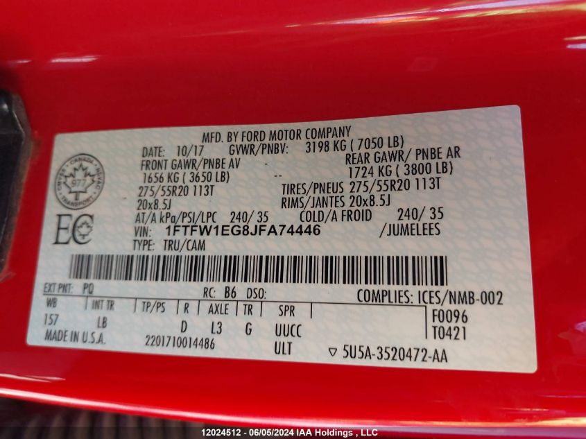 2018 Ford F150 Supercrew VIN: 1FTFW1EG8JFA74446 Lot: 12024512