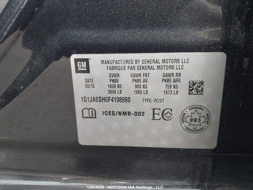 2015 Chevrolet Sonic VIN: 1G1JA6SH6F4198990 Lot: 12024528