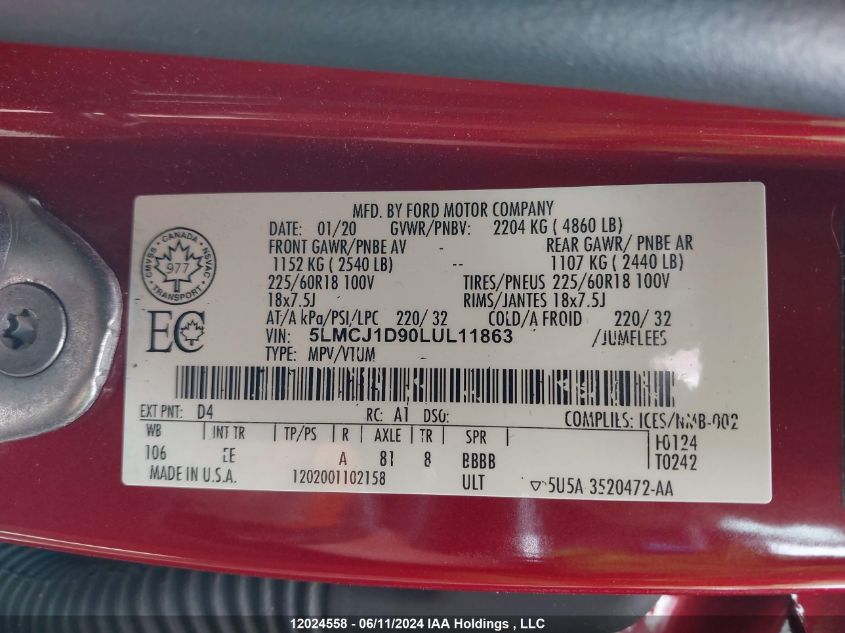 2020 Lincoln Corsair VIN: 5LMCJ1D90LUL11863 Lot: 12024558